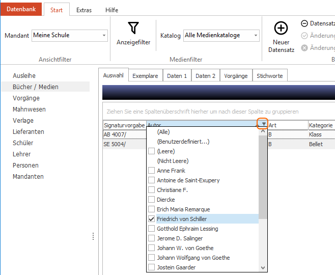 Hier wurde die Liste der Bücher/Medien nach der Spalte `Autor` gefiltert.