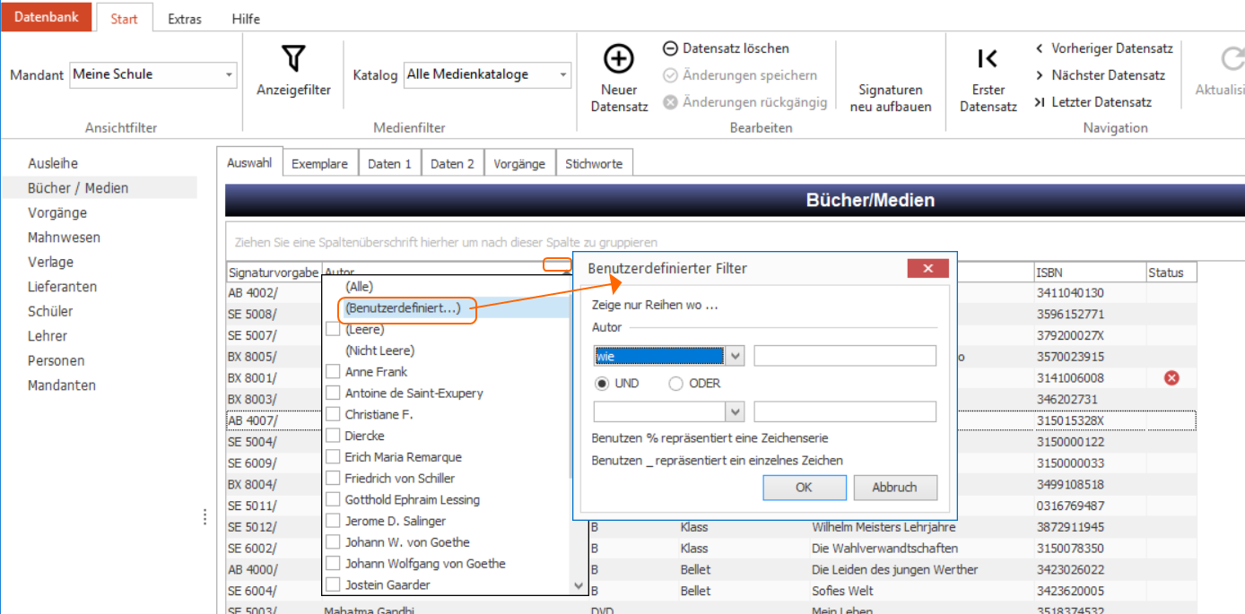 Hier sehen Sie das Dialogfenster `Benutzerdefinierter Filter`, in dem Sie Ihre Filterkriterien individuell anpassen können.