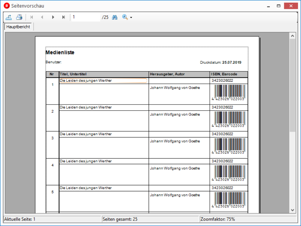 Hier sehen Sie einen Ausschnitt der Seitenvorschau des Druckberichts `Medienliste (Standard).rpt`, der für die Liste der Bücher/ Medien angefertigt werden kann 