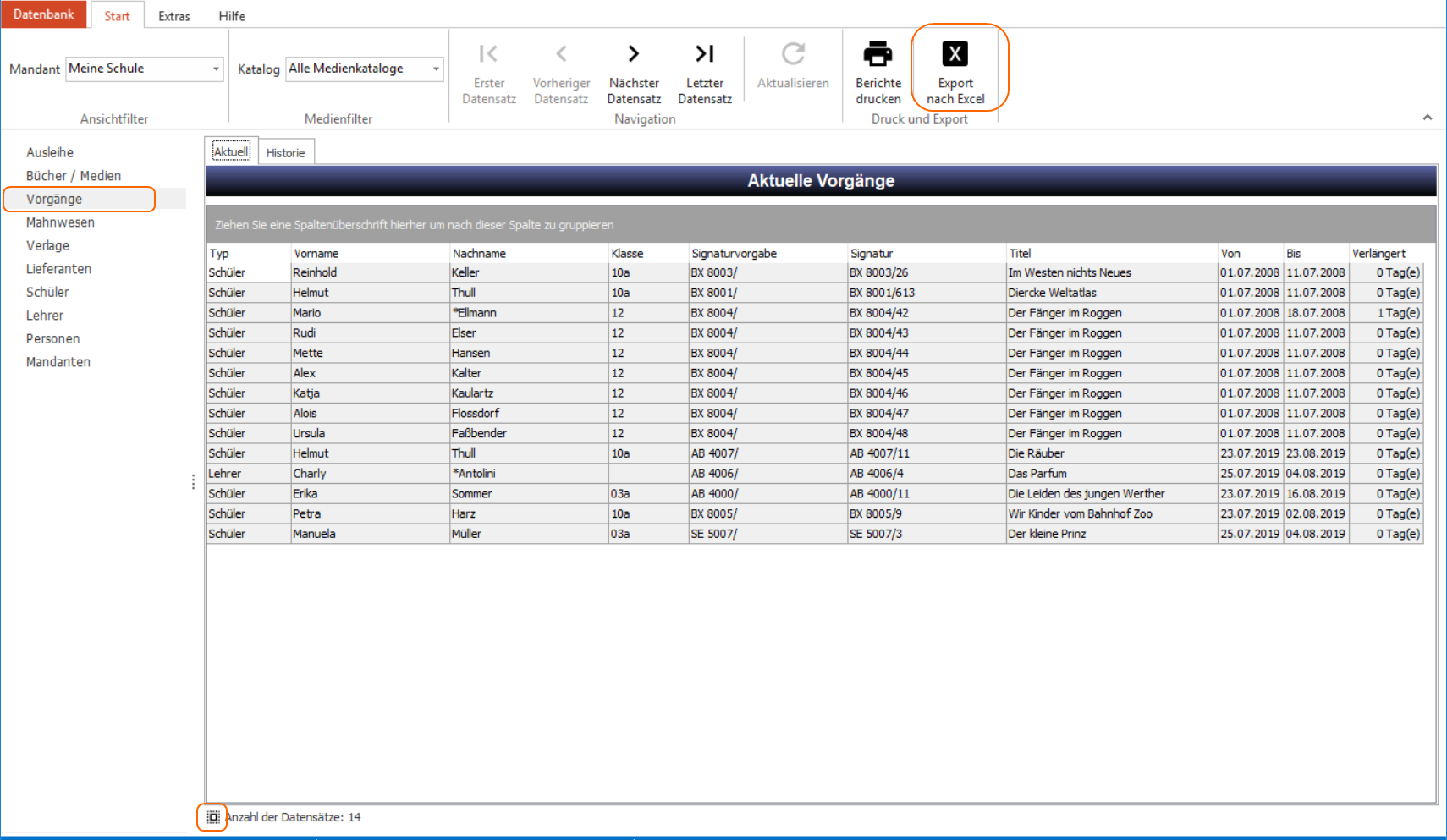 Hier soll die Liste `Aktuelle-Vorgänge` nach Excel exportiert werdenS.