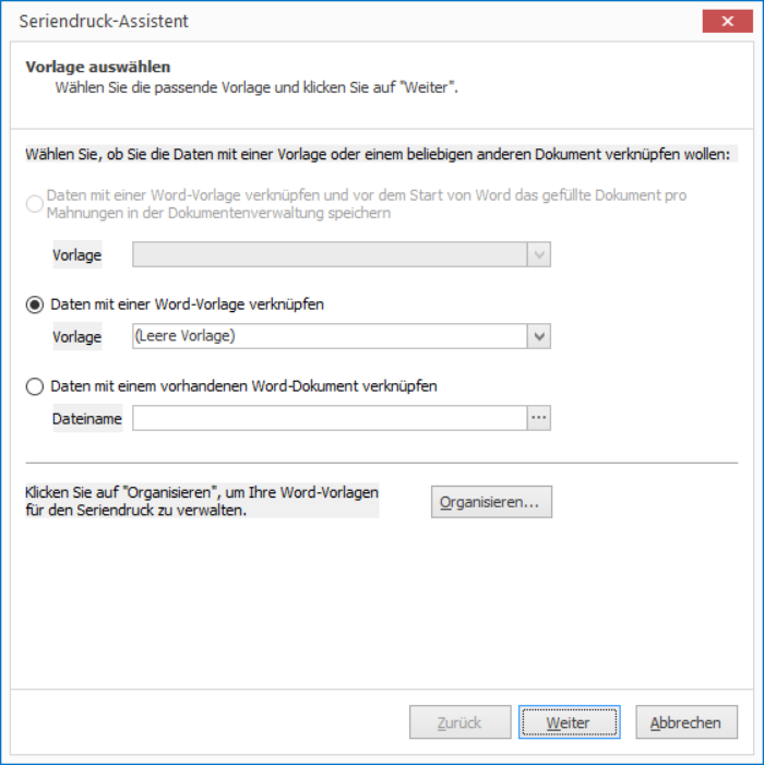 Auf der ersten Seite des Seriendruck-Assistenten wählen Sie eine Word-Vorlage oder ein Word-Dokument für den Seriendruck aus