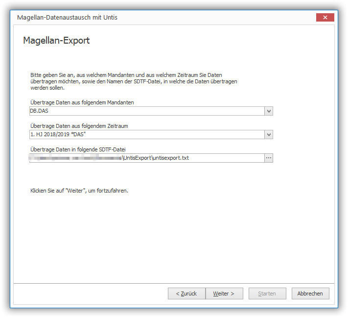 Geben Sie den Mandaten und Das Halbjahr für den Export an.