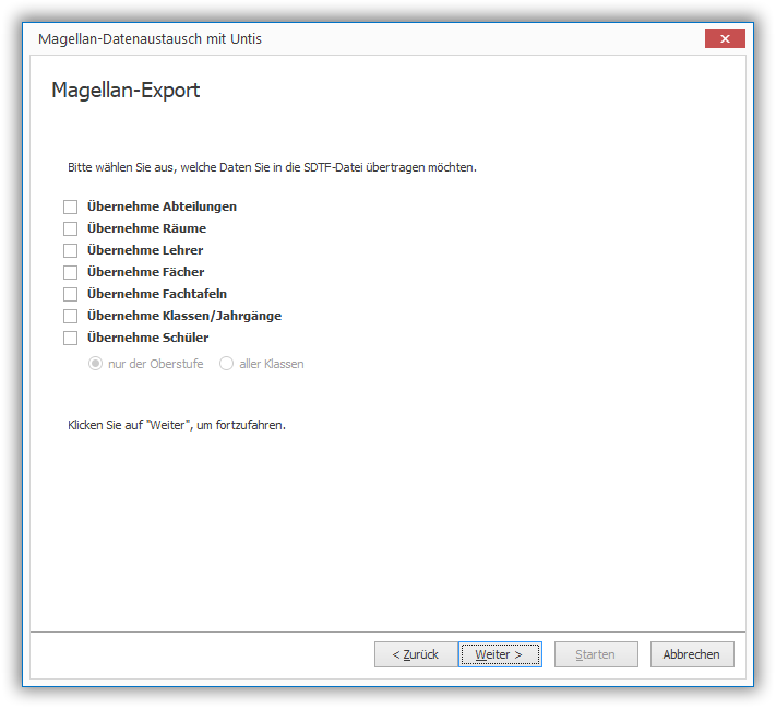 Wählen Sie hier was Sie exportieren wollen